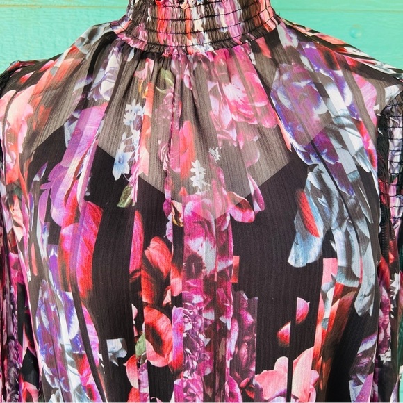 BEBE SHEER OVERLAY BLACK SLIP DRESS FLORAL PRINT BALLOON SLEEVES SIZE SMALL NWT - Picture 7 of 12